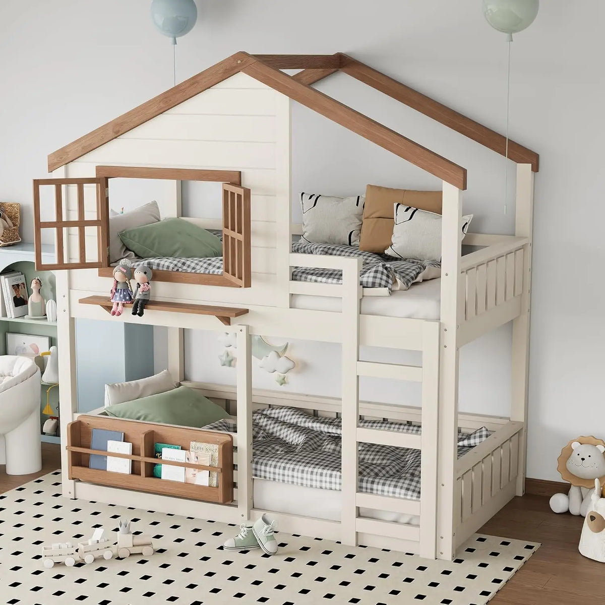 Twin House Bunk Bed Window Roof Bookshelf Wood Frame Ladder Guardrail Kids Playhouse Space Saver, Customized
