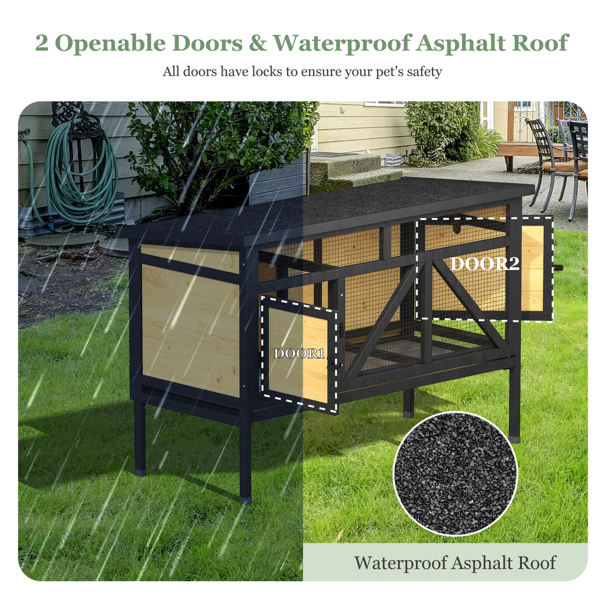 46.7" Rabbit Cage Indoor Outdoor, Elevated Wooden Bunny Hutch with Removable Tray, Waterproof Asphalt Roof & Bottom Wire Mesh for Small Animals