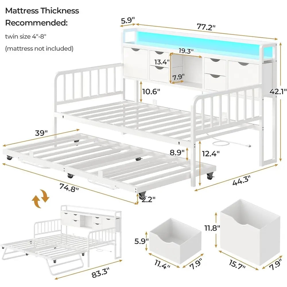 Twin Daybed with Trundle, Storage Drawer & Charging Station, Adjustable Metal Frame, Versatile for Living Spaces, White