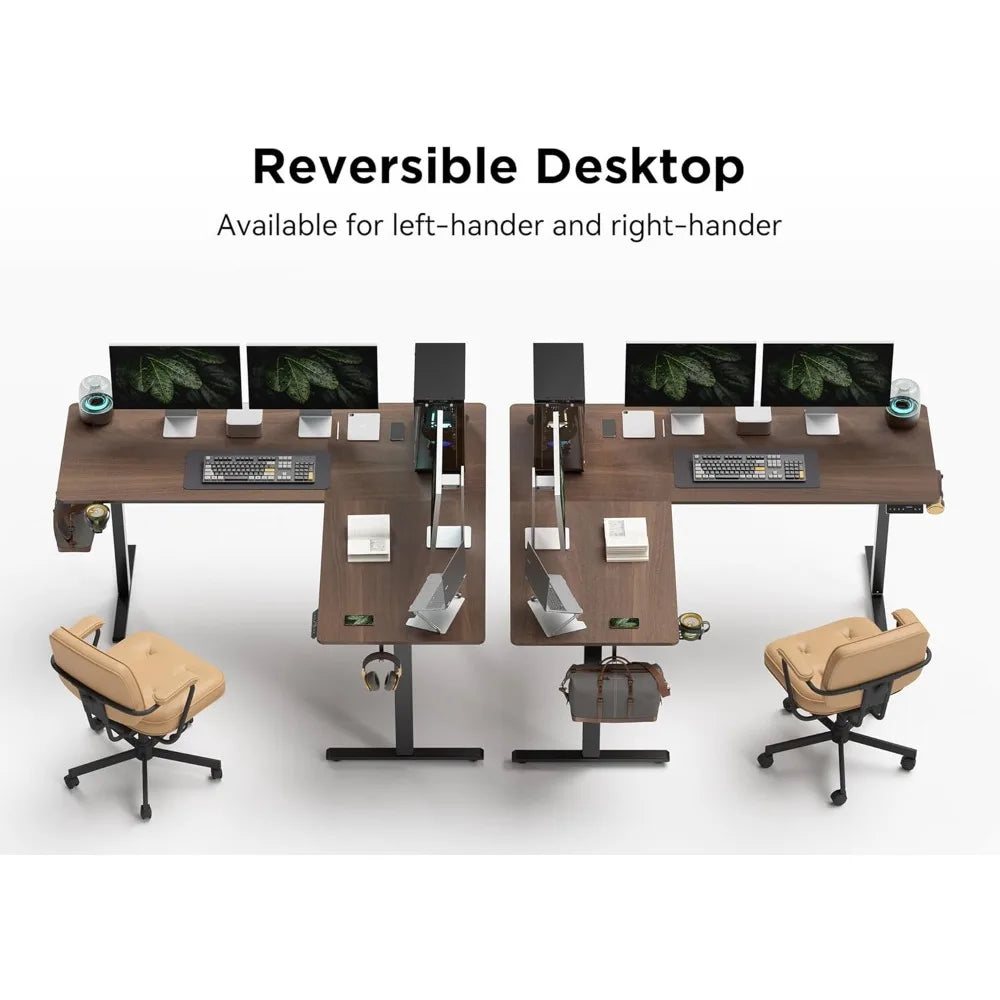 63X55 Inches Reversible L Shaped Standing Desk Height Adjustable with Cup Holder, Electric Corner Computer Desk, Sit Stand up