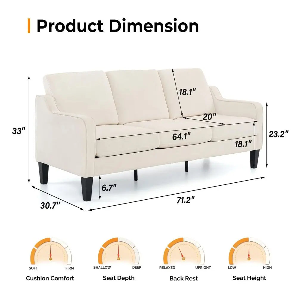 Small Couch Sofa 71 Comfy Couches for Living Room Beige 3 Seat Sofa Couch Mid Century Modern Sofa Furniture Couches with Scoope