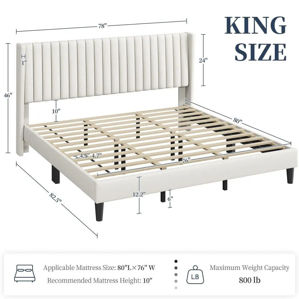 King Bed Frame Upholstered Platform Bed with Fabric Headboard, Wing Edge Design NonSlip and NoiseFree Wooden Slats Support No B