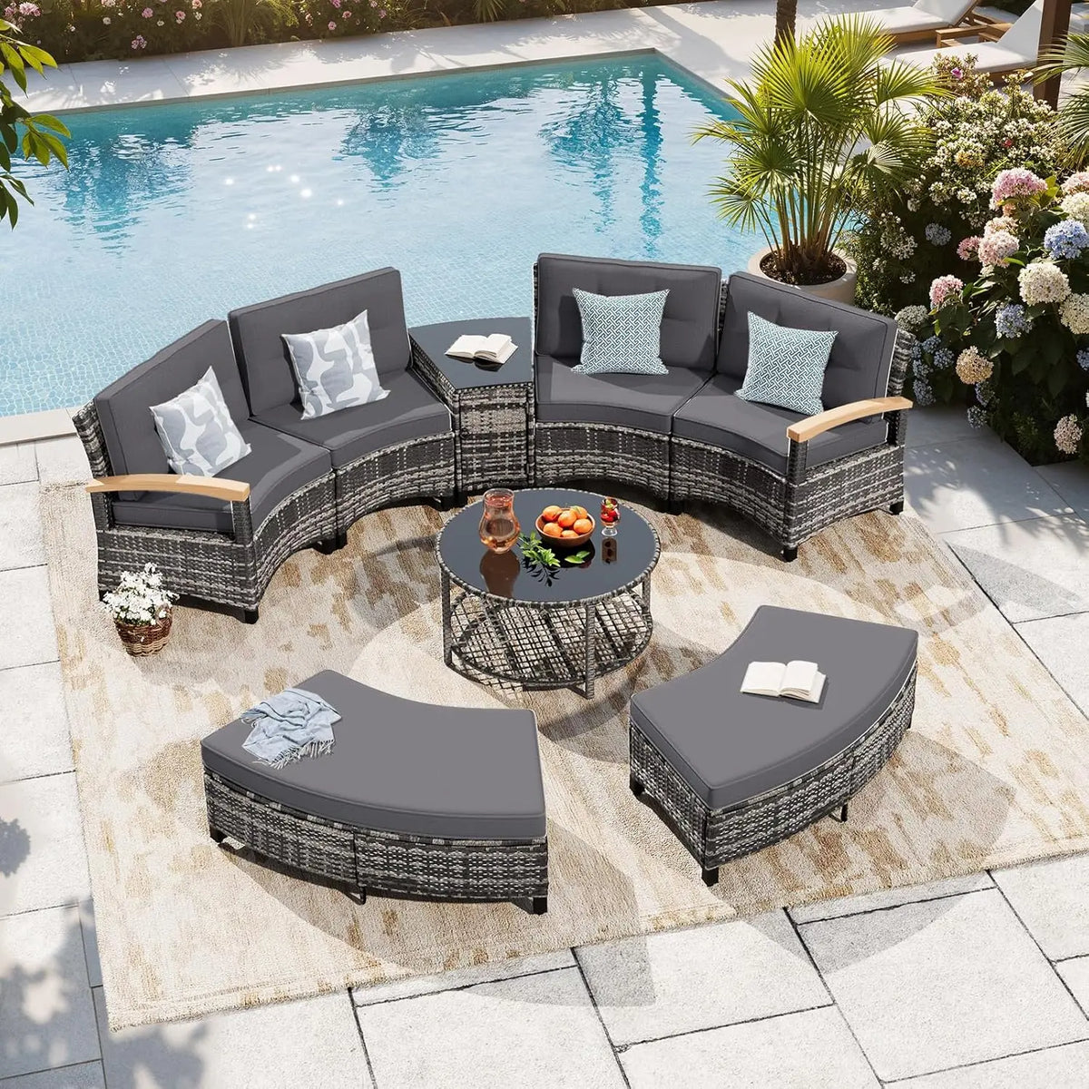 Curved Half Moon Outdoor Patio Sectional Sofa Set With Tables