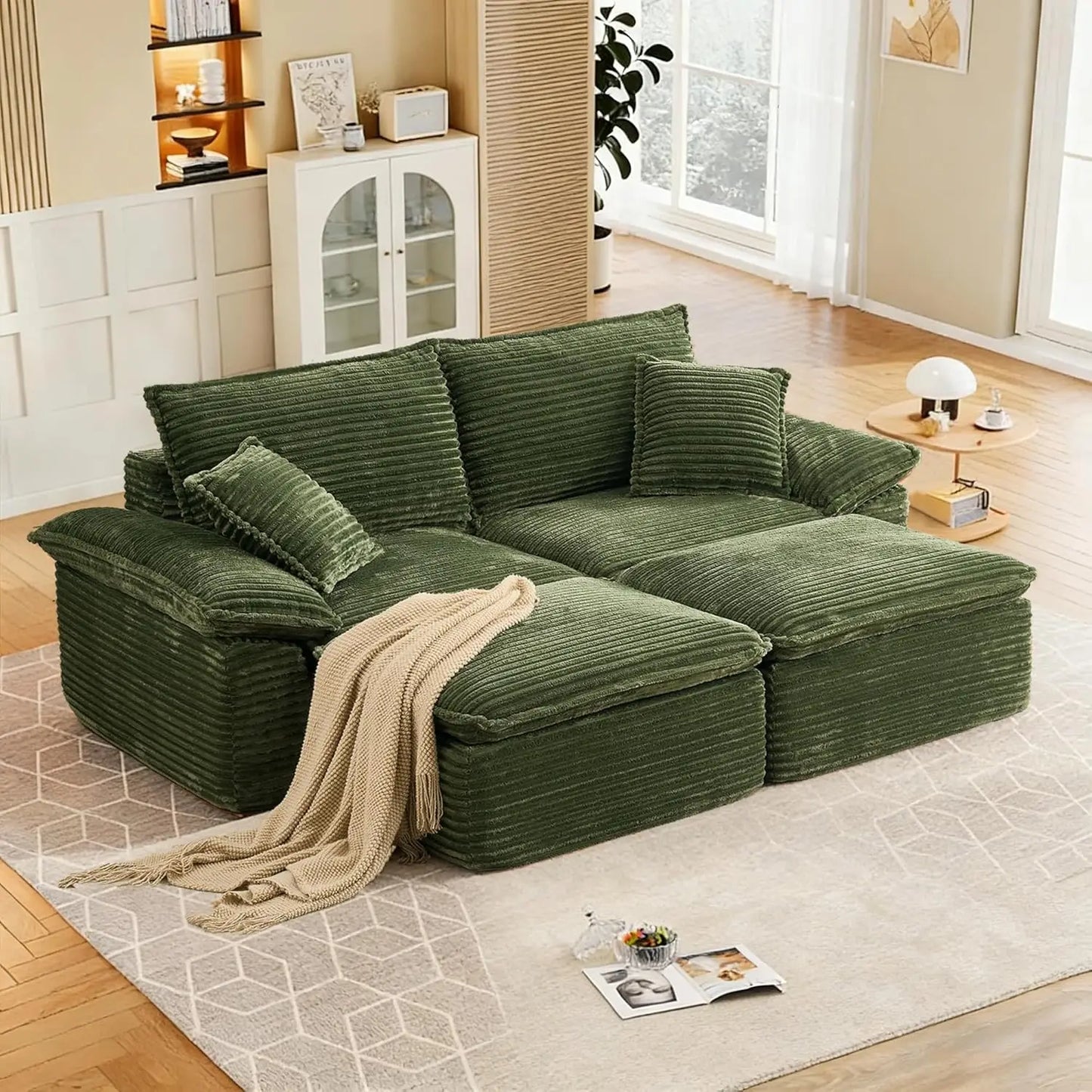 81" Boneless Loveseat with Removable Ottoman,Oversized Upholstered Sofa Bed with Pillows,Plush Faux Fur Lounge, Customized