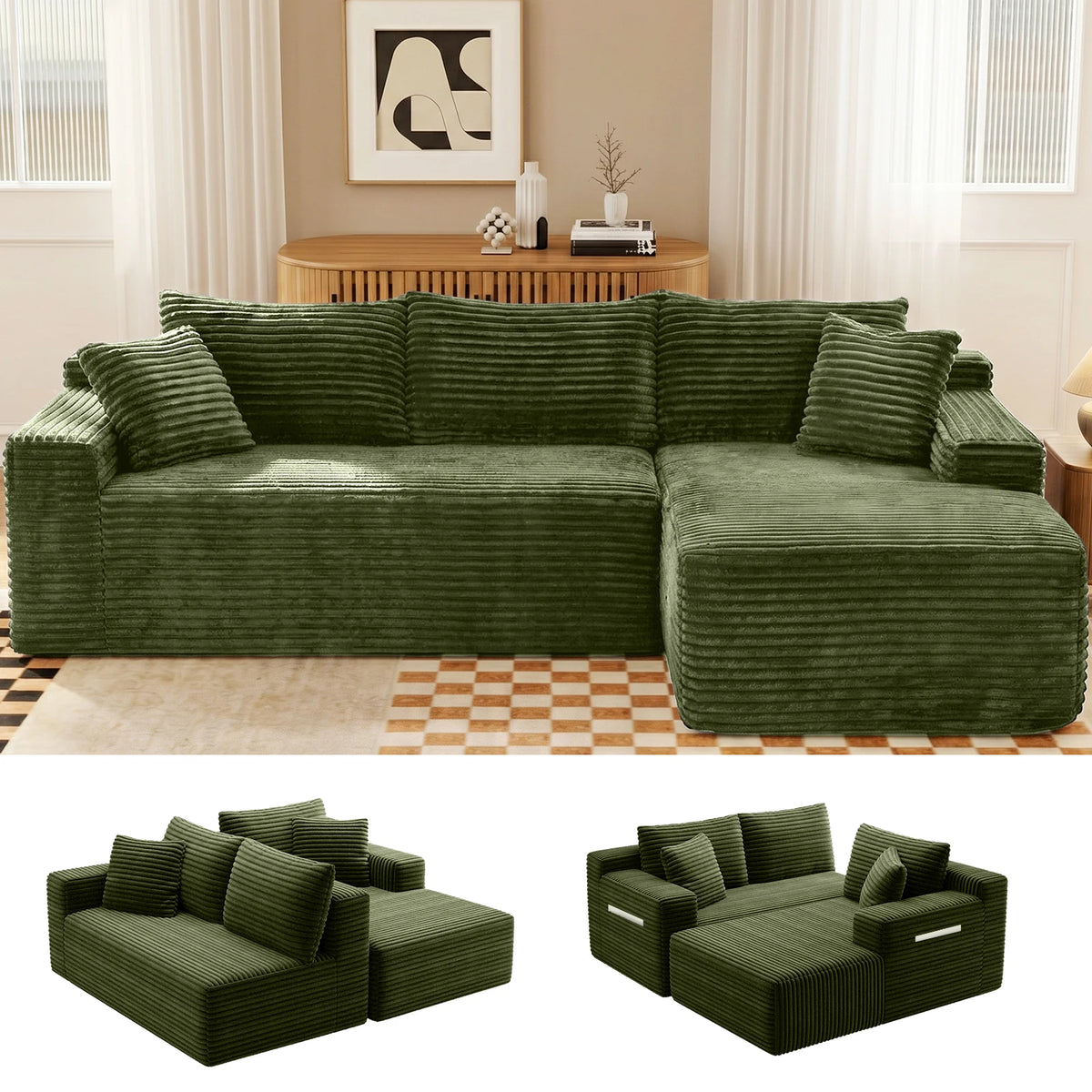 Corduroy Modular Sectional Sofa With Chaise For Living Room Furniture