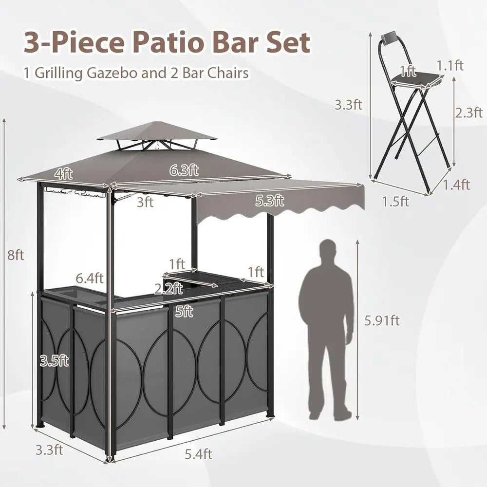 3 Piece Patio Bar Set, Grill Gazebo & 2 oldable Bar Stools with Awning, Metal Storage Shelves, Glass Holders, Double-Tier Outdoo