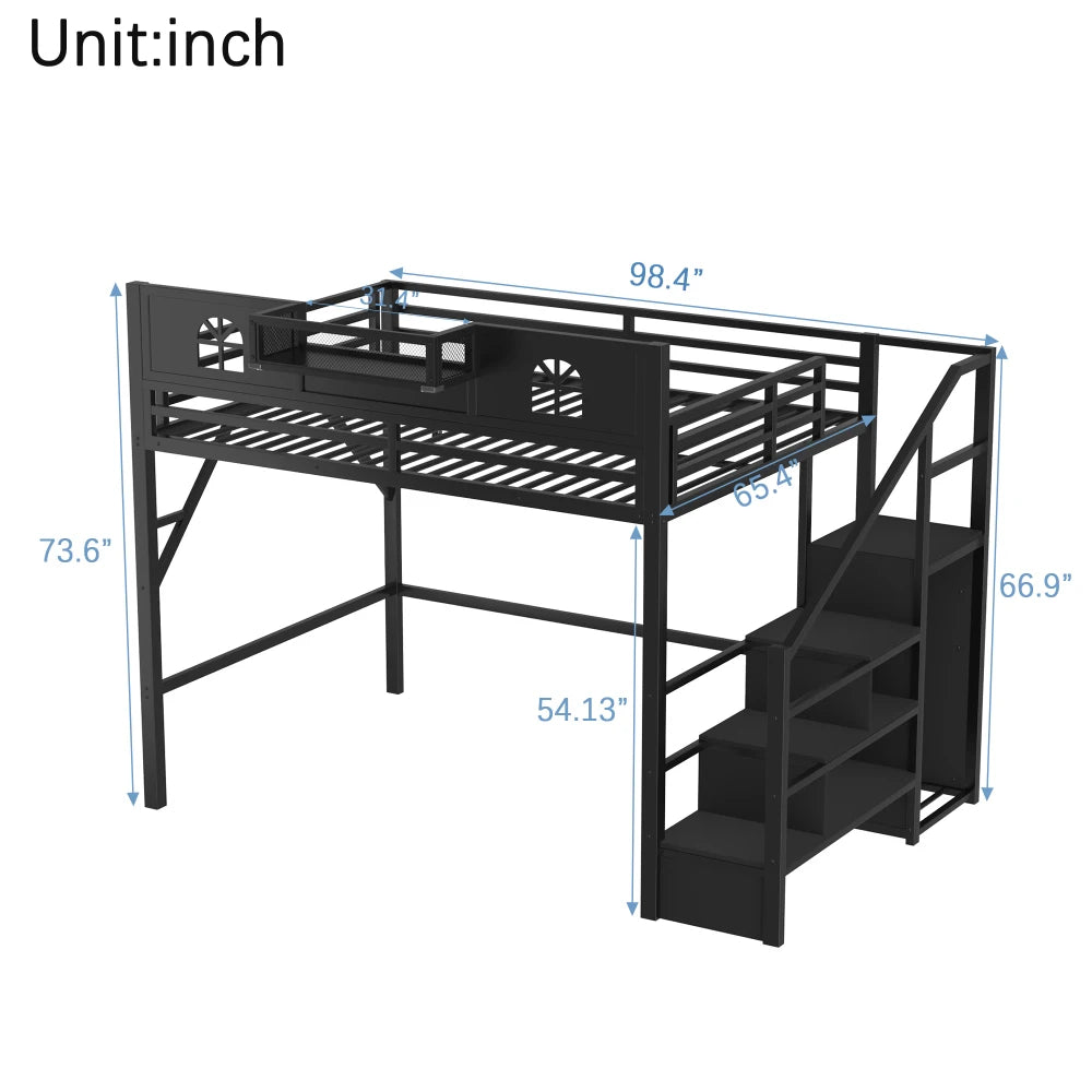 Metal Loft Bed With Stairs, Guardrails And Wardrobe Storage