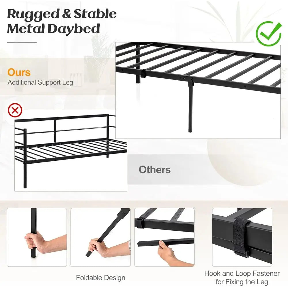 Metal Twin Daybed with Trundle, Casters, No Box Spring Needed, Suitable for Adults, Teens, Kids, Living Room, Guest Room, Black