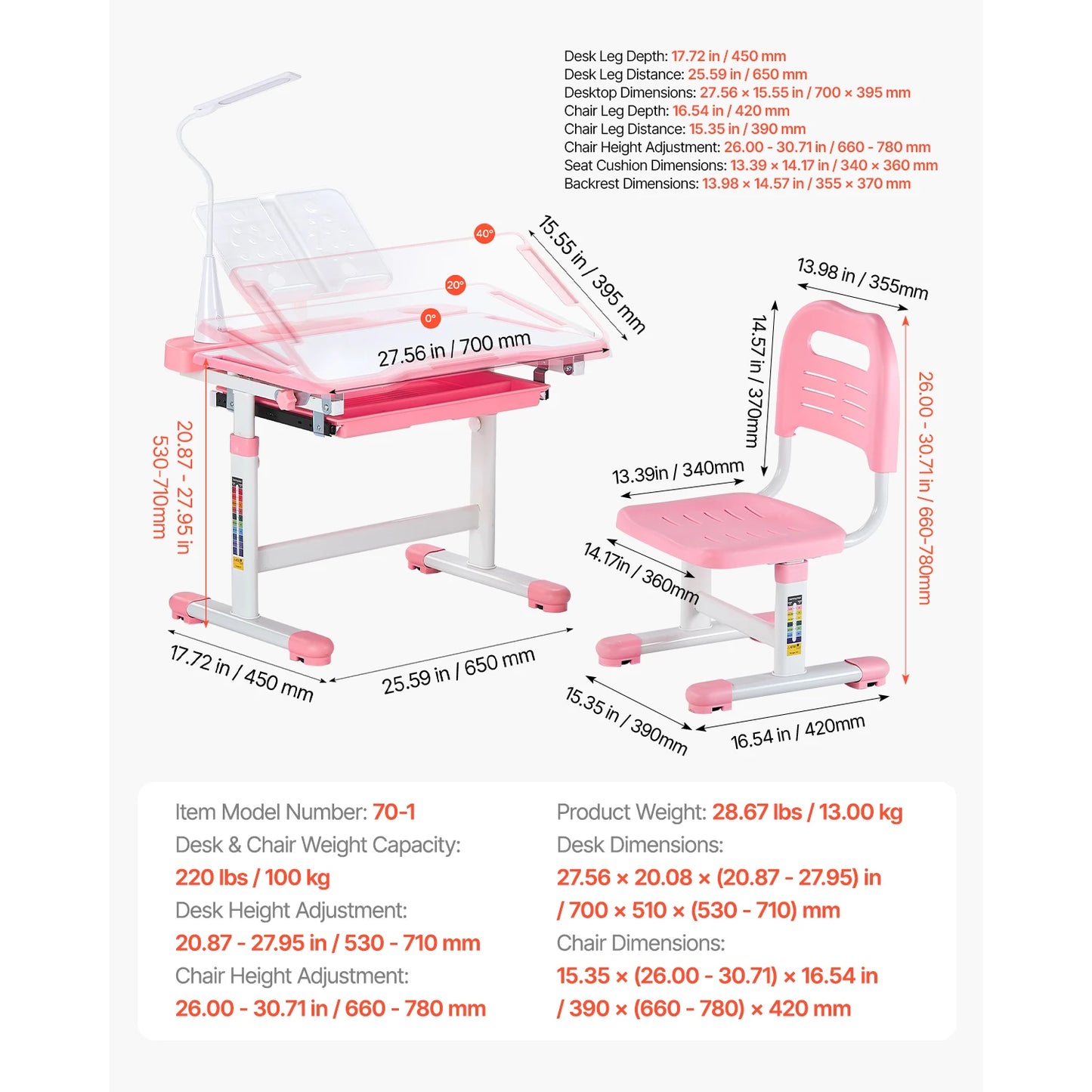 SucceBuy Adjustable Kids Study Desk and Chair Set Tilt Top