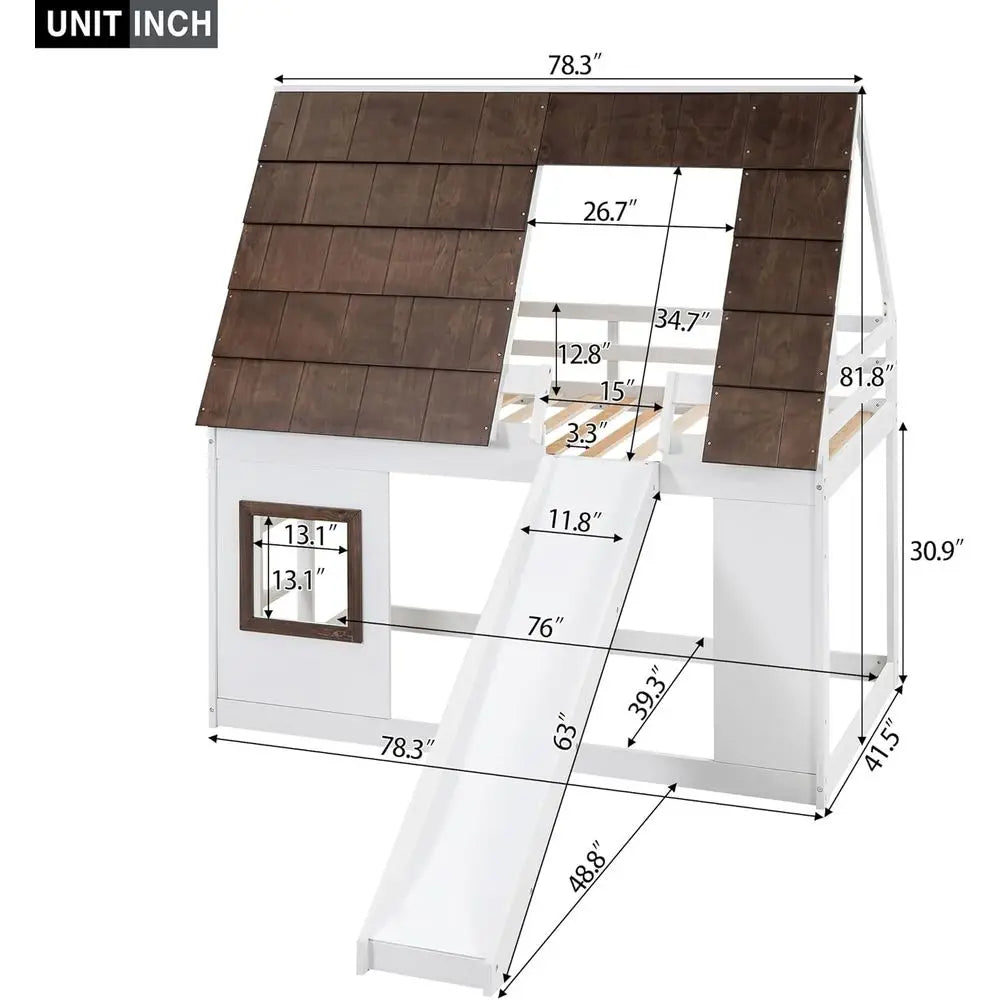 Over Twin Bunk Bed with Room, Window, Ladder, Slide - Suitable for Boys and Girls, White & Brown