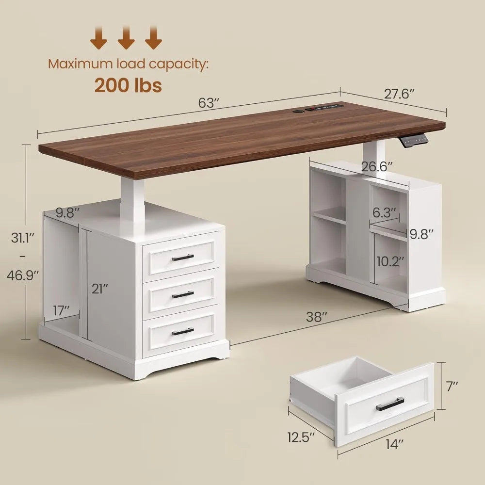 Farmhouse Electric Standing Desk, 63" Height Adjustable Computer Desk with 3 Drawers, Storage Shelves, Customized