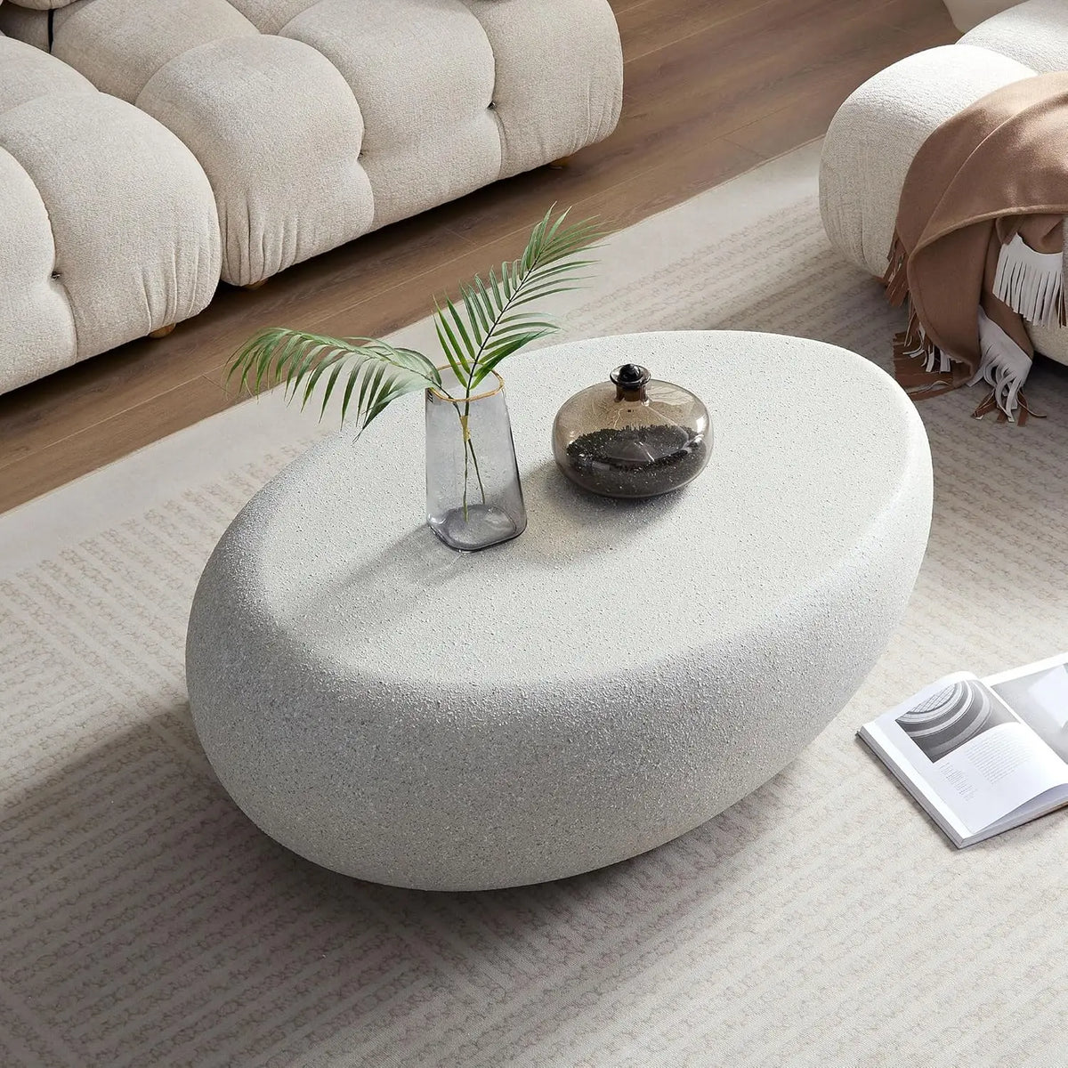 Minimalist Faux Stone Fiberglass Oval Coffee Table for Living Spaces