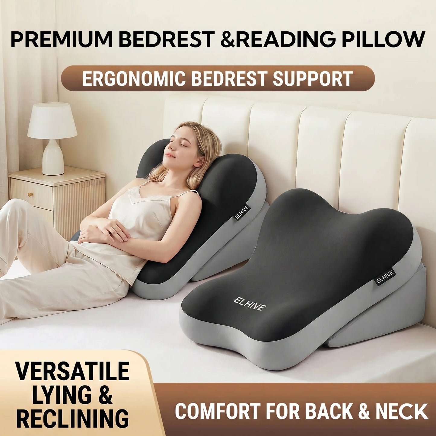 Adjustable Bed Wedge Pillow Memory Foam Backrest for Sitting up in Bed, Large Ergonomic Back Neck Lumbar Support Pillow for Reading Relaxing Gaming, 2-Piece Split Design, Non-Slip Base