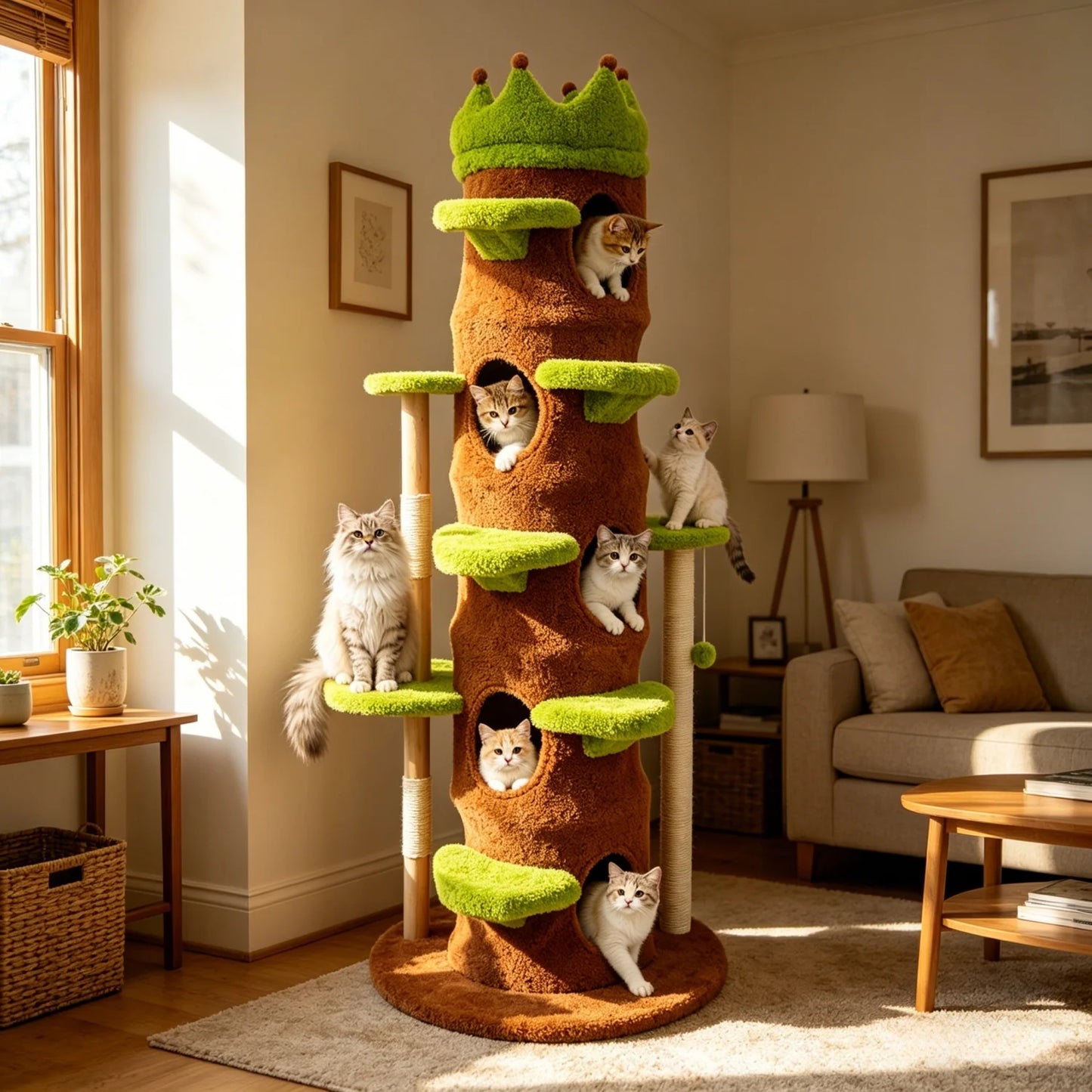 Wooden Cat Tree Tower With Crown Perch Plush Steps Cats