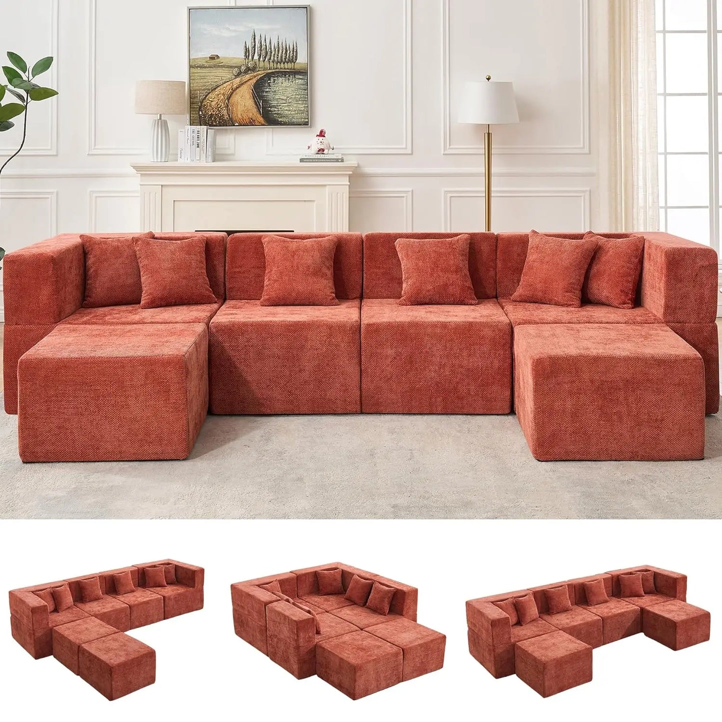 Modular Sectional Cloud Couch for Living Room - 130'' 6 Seater Convertible Chenille Couches Set with Ottoman, No, Customized