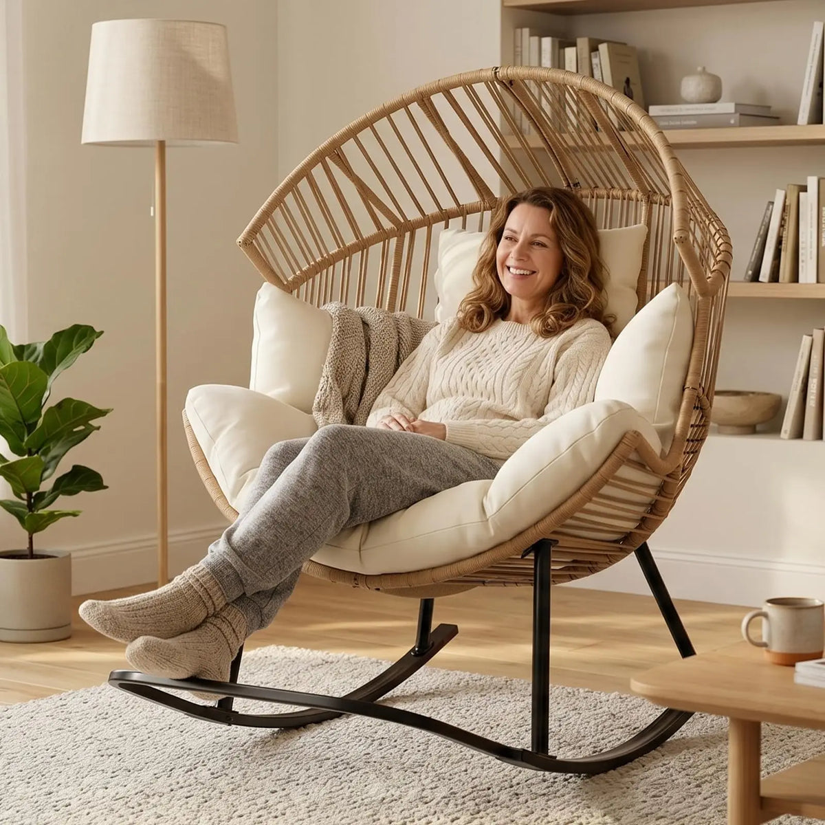 Papasan Rocking Chair Oversized Wicker Egg Lounge Seat With Soft 8'' Cushion, Ergonomic Rocker For Indoor Outdoor Patio Backyard