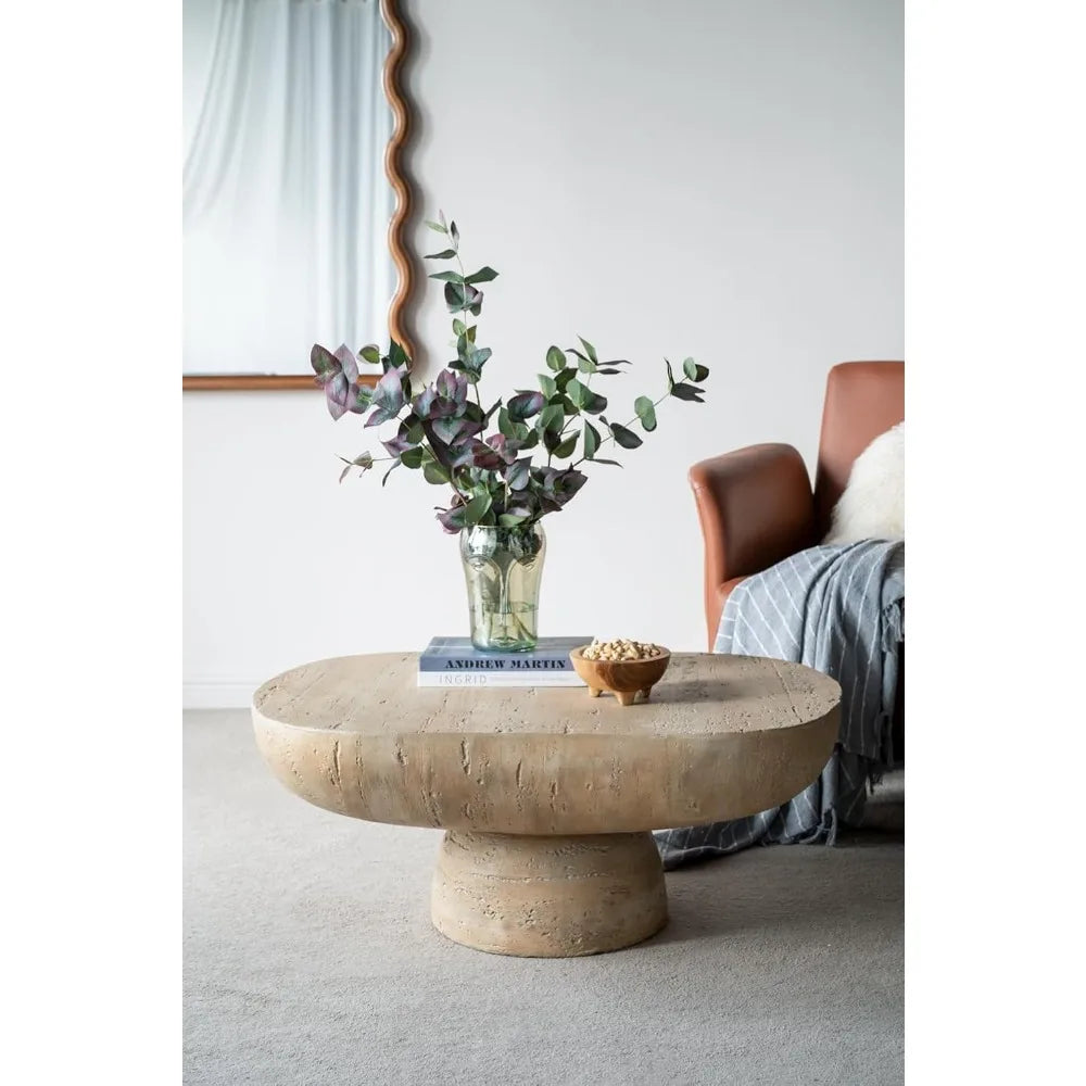 36" Oval Coffee Table, Modern Faux Stone Circle Center Table Accent Travertine Tea Table for Living Room, Magnesium, Customized