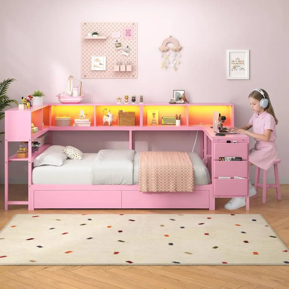 Twin Corner Bed with Desk and Storage Bookcase, Daybed with 2 Drawers amp 2 Storage Bins, Twin Size Platform Bed Frame with Cha