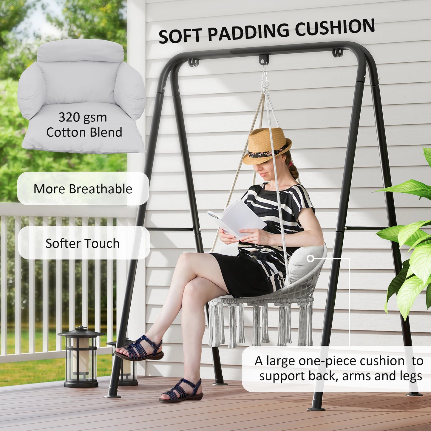 Hanging Hammock Chair with Cushion, Macrame Swing Chair, Gray