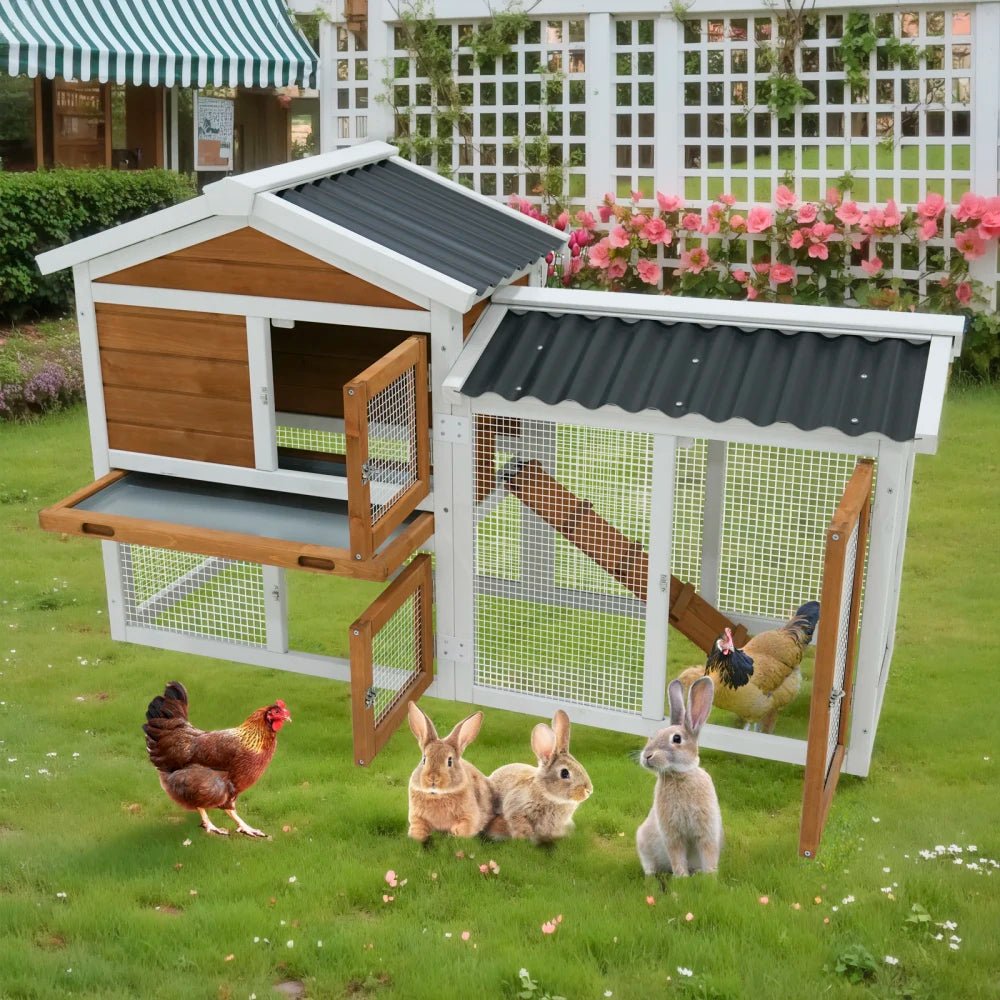 Wooden Outdoor Indoor Roof Waterproof Bunny Hutch Rabbit Cage Guinea Pig Coop PET House for Small To Medium Animals with Stairs