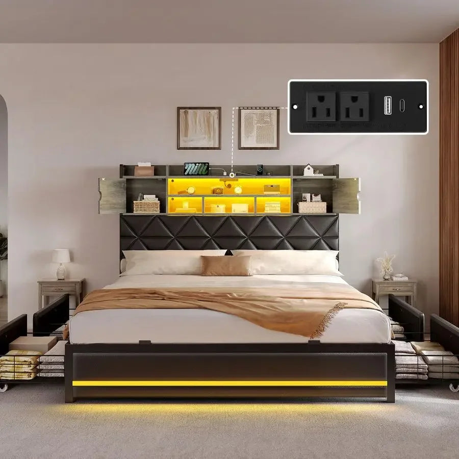 Queen Size Bed Frame with RGB LED Lights amp Storage Bookcase Headboard, Upholstered Bed with Charging Station and 4 Drawers, N