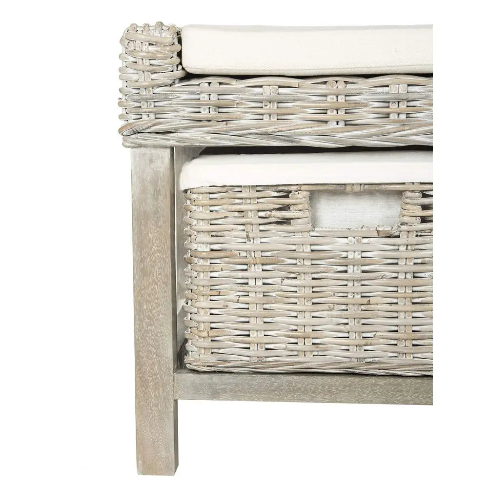 FOX6537A Home Collection Kobutsu Rattan Storage Bench, White Grey Wash