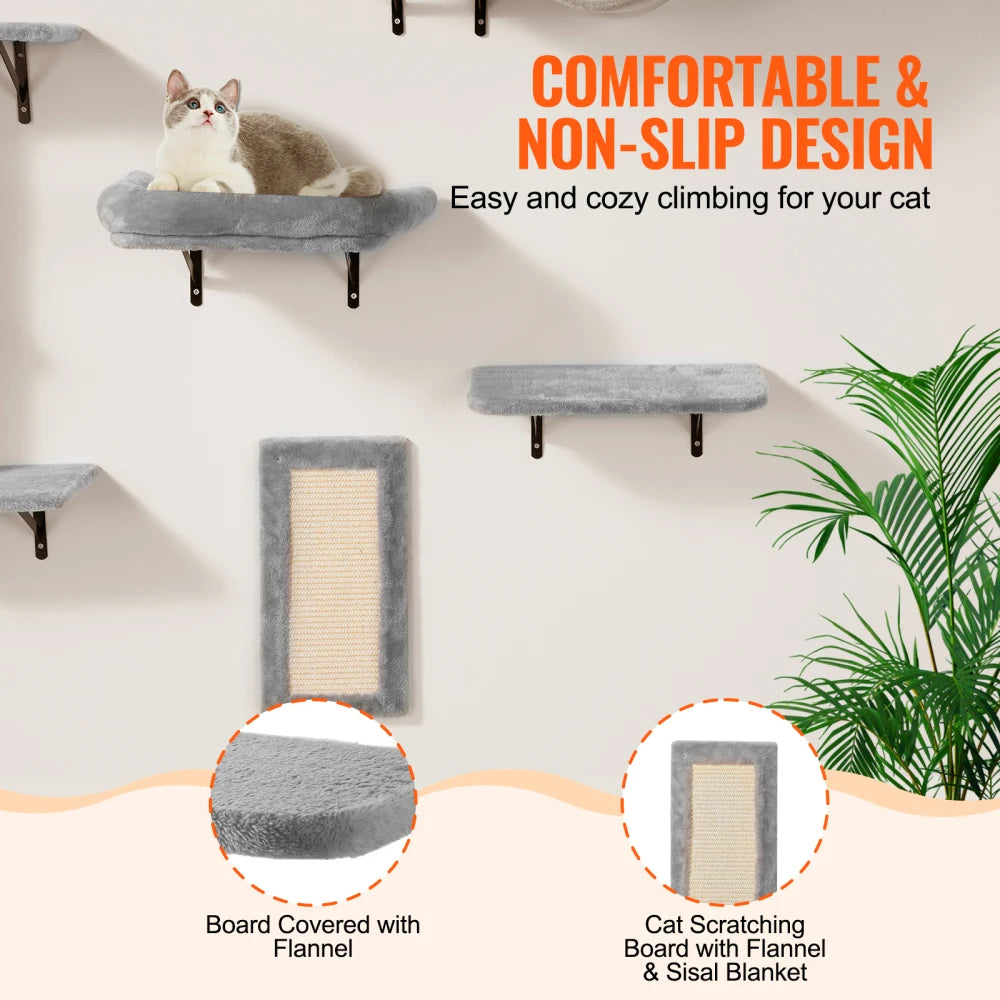 Wall Mounted Cat Shelves Set of 6, Cat Wall Furniture with 2 Jumping Boards, Hammock, Sofa, Cat Tree and Cat Grip, Cat Climbing Shelves and Perches for Sleeping, Playing and Scratching, Supports Cats up to 40 lbs