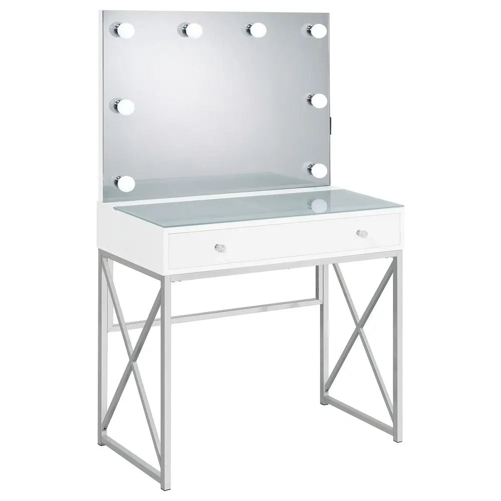 Home Furnishings Eliza Contemporary 3Piece 1Drawer Makeup Vanity Desk for Bedroom with Hollywood Vanity Mirror with White Faux