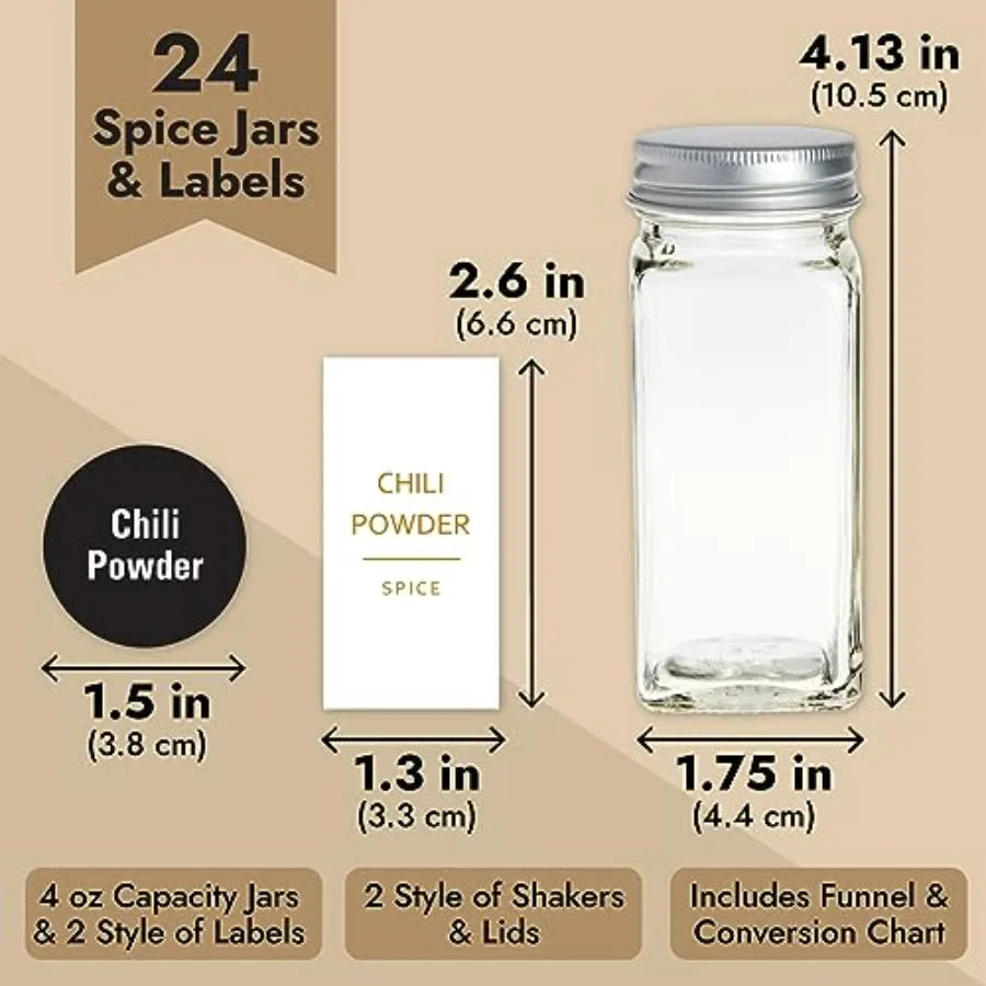 24-Pack Glass Spice Jars - 4 Oz Square Bottles & Gold Metal Caps - Refillable Shaker & Pour Lids, 284 Preprinted Stickers - Seas