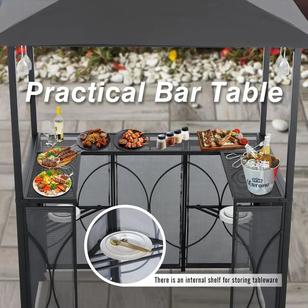 Grill Gazebo with Extra Awning - 6.4'x6.8' Outdoor BBQ with Bar Table and 2 oldable Chairs, Barbecue with LED Lights or Backyard