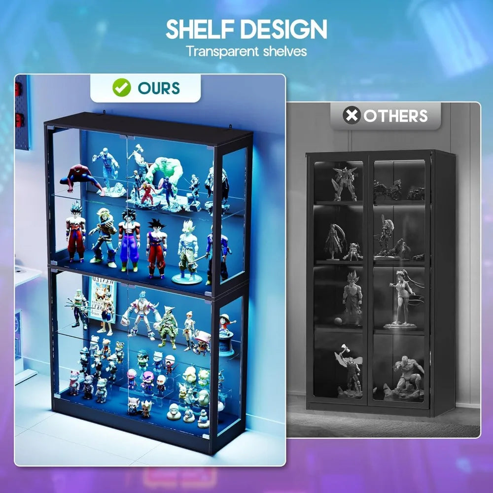 RGB Display Cabinet 4-Tier Glass Shelf LED Light Press-to-Open Door Black 70"H