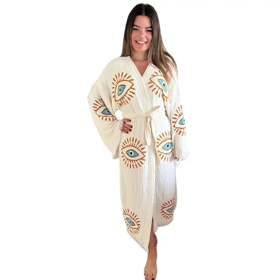 Evil Eye Kimono Beach Cover Up Boho Cotton Robe Festival