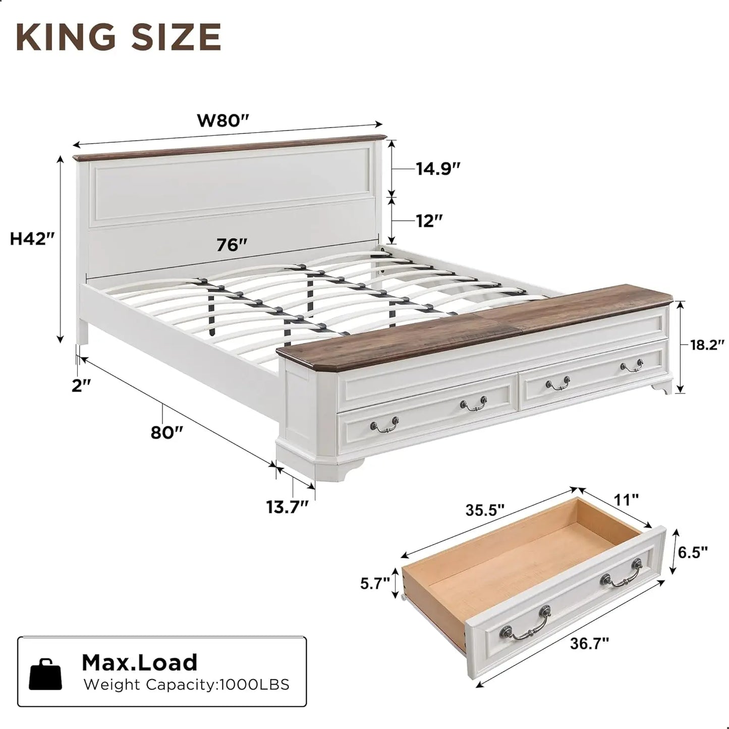 Farmhouse King Bed with Headboard and Storage Bench, Rustic Wood Platform Bed with 80" Storage Chest w/ 4 Large, Customized