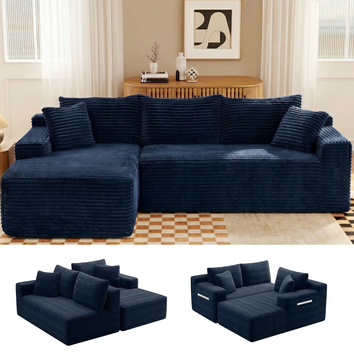 Corduroy Modular Sectional Sofa With Chaise For Living Room Furniture