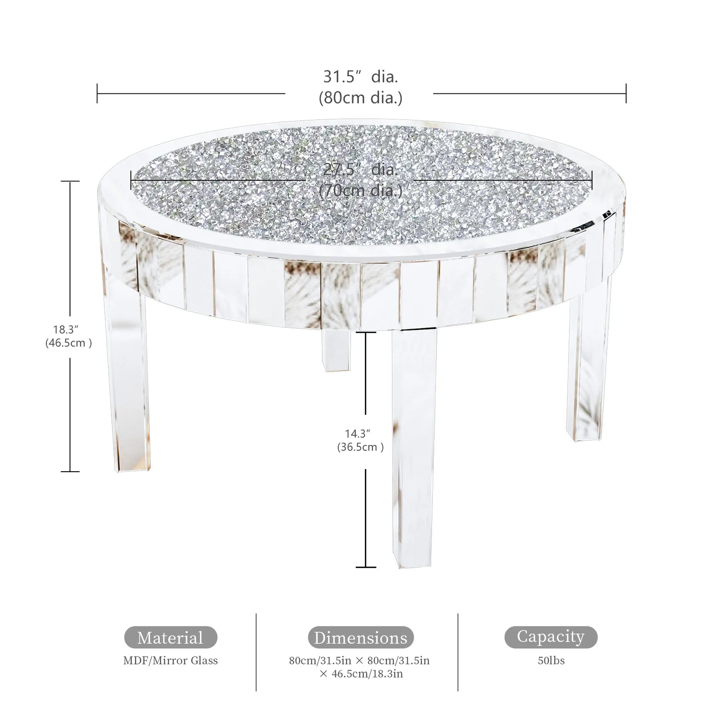 Modern Round Mirrored Coffee Table With Crystal Inlay And Glass