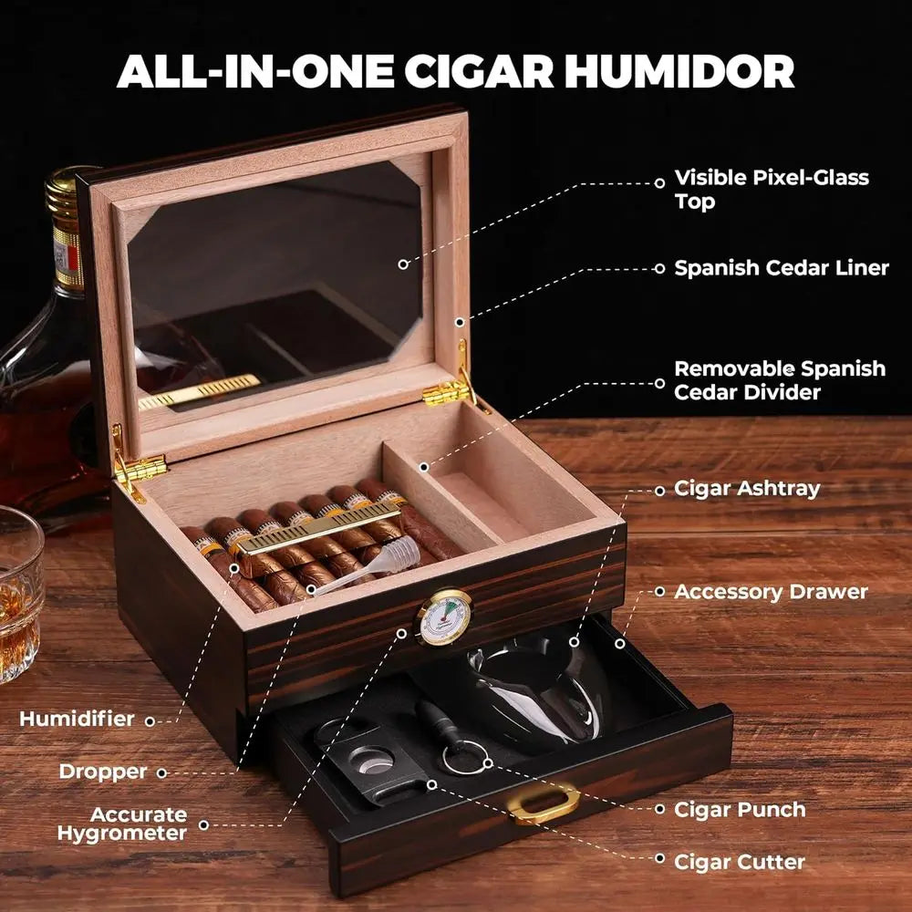 Cigar Box, Spanish Cigar, 50 Cigars, Desktop Glass Top with Hygrometer, Humidity, Accessory, Cigar Cutter, Ashtray, Punch, Divid