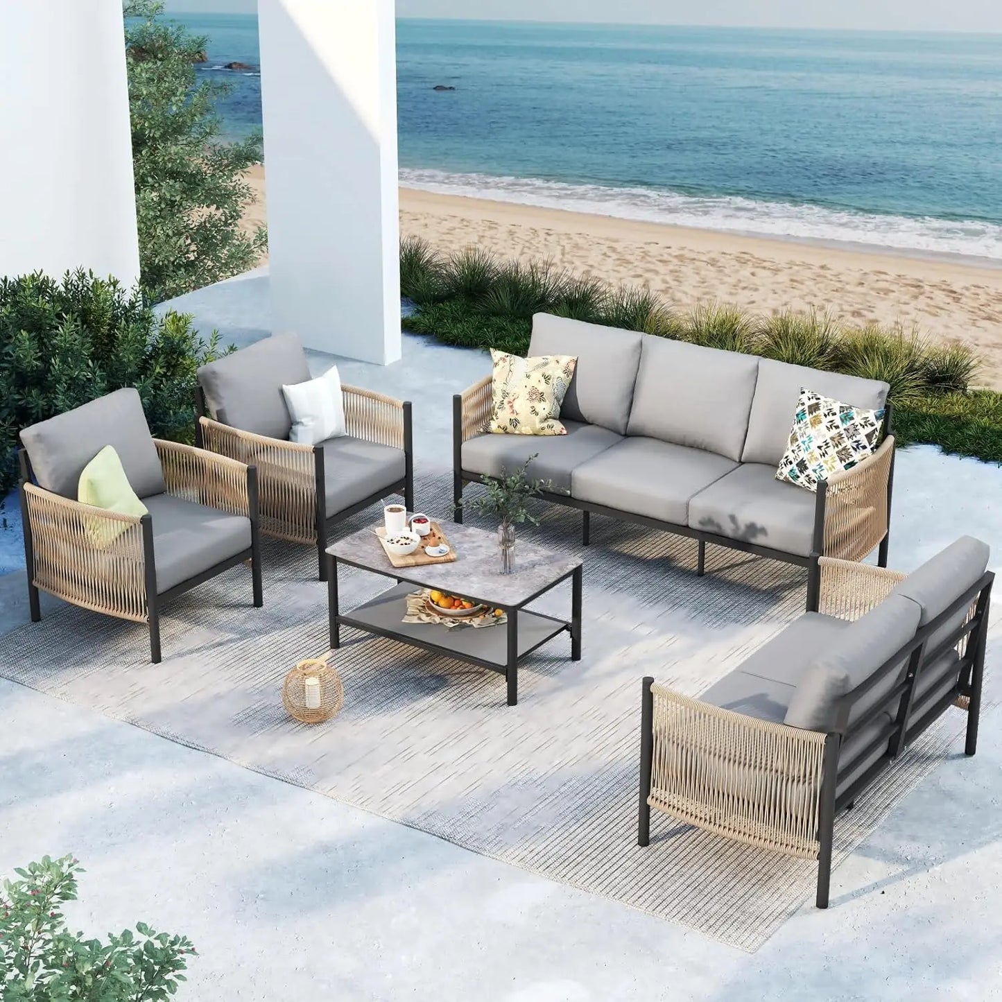 Aluminum Outdoor Patio Furniture Set With Dual Layer Coffee Table