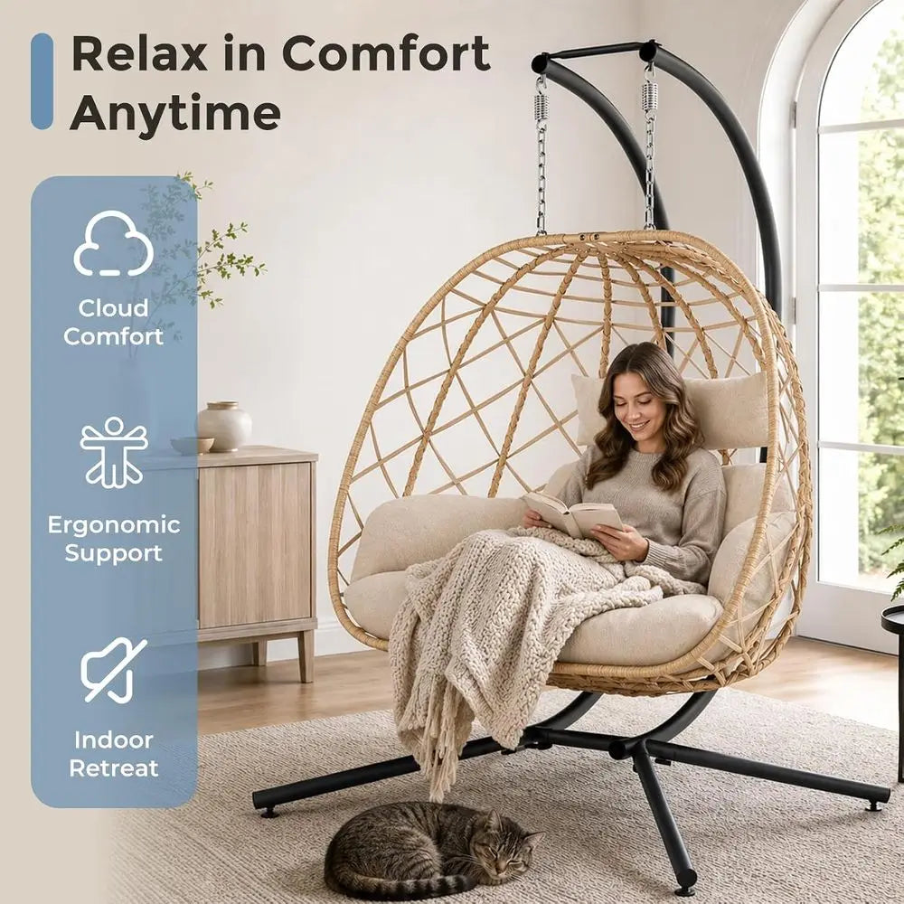 Double Egg Swing Chair with Stand, 2 Person Outdoor Indoor Hammock Hanging Chair with Cushion or Patio Living Room 650 LBS acity