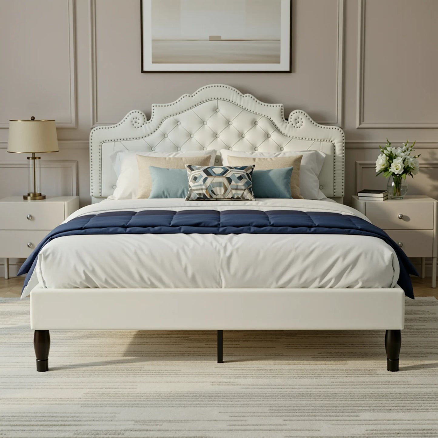 Hoomic Velvet Upholstered Bed With Diamond Tufted Adjustable Headboard