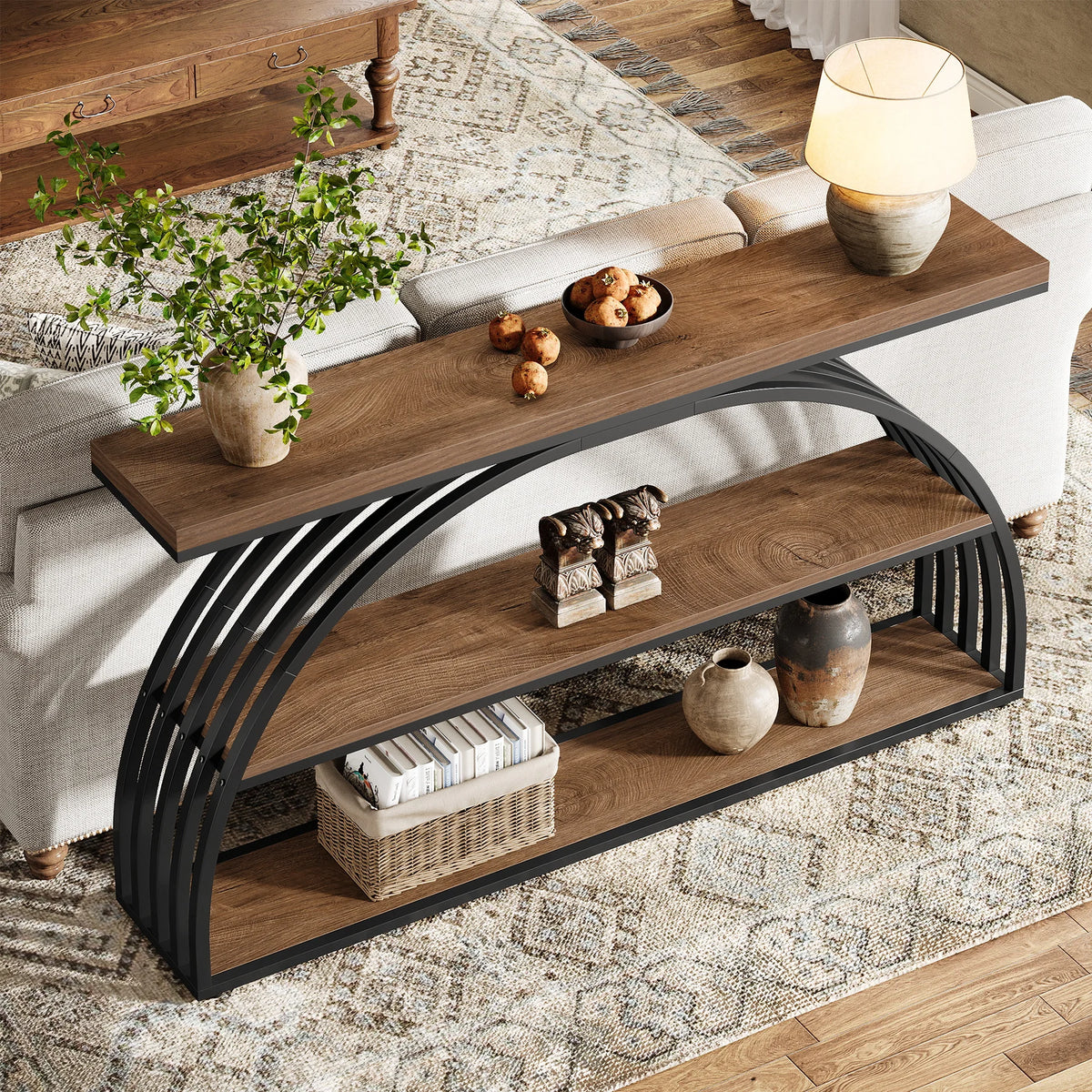 Tribesigns 63-Inch TV Stand for TVs up to 75", Industrial Entertainment Center with Metal Arced Frame, Modern Media Television Console Table for Living Room, Bedroom, Rustic Brown and Black