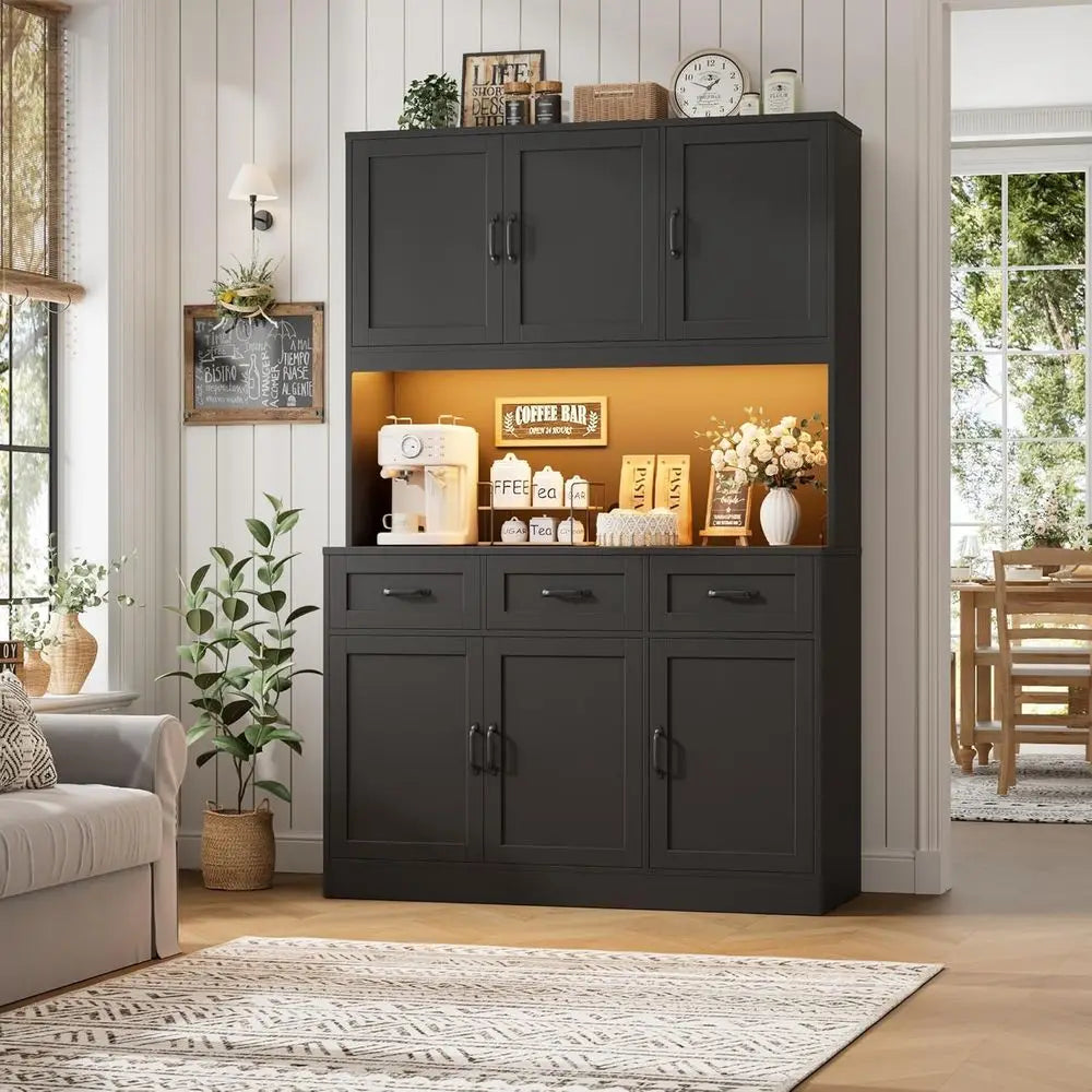 72 High Kitchen Pantry Cabinet with Charging Station, LED Lights, 47 Wide Pantry Storage Cabinet with Counter, Modern Dining Hut
