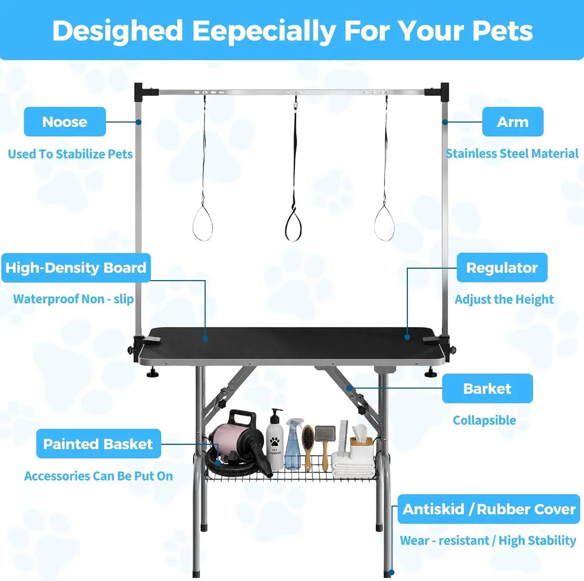 Garvee Foldable Dog Grooming Table With Adjustable Arm And Storage
