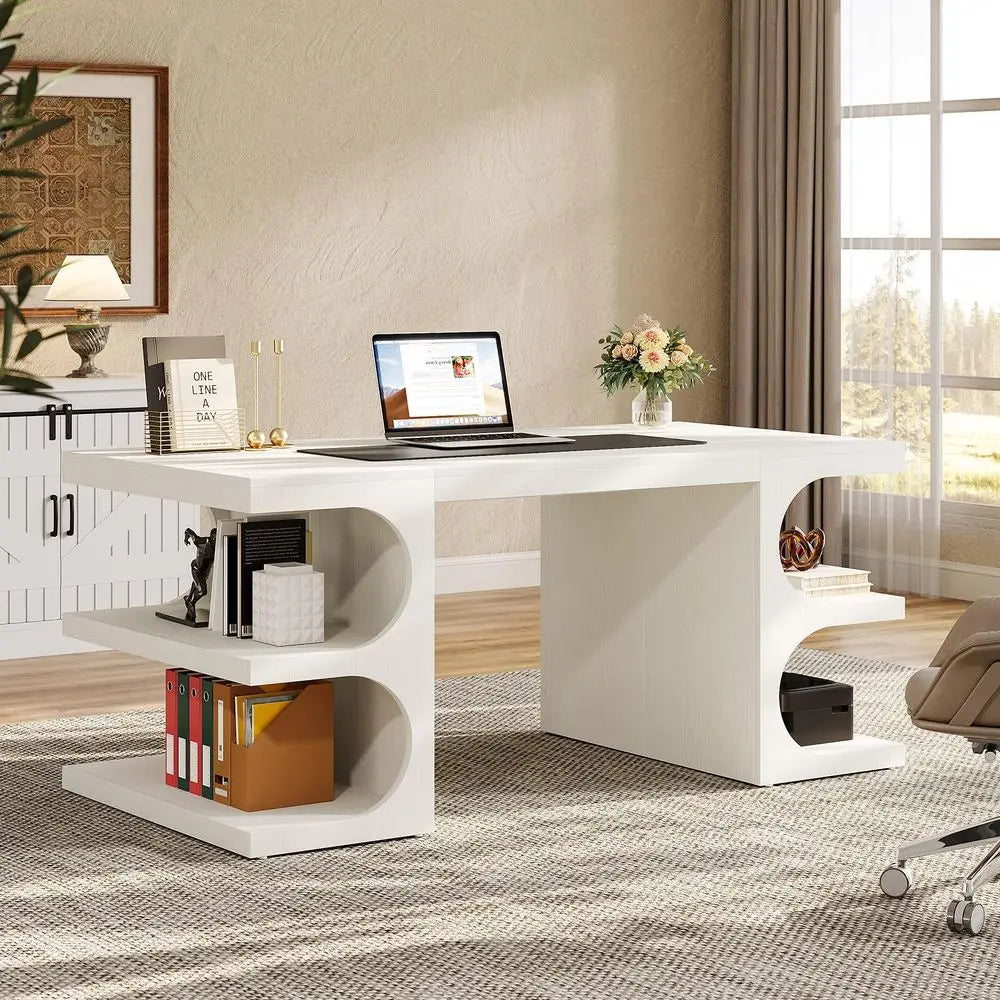 White Executive Office Desk, 63 Computer Desk with Storage Shelves, Modern Wood Study Writing Table, Large Workstation Business