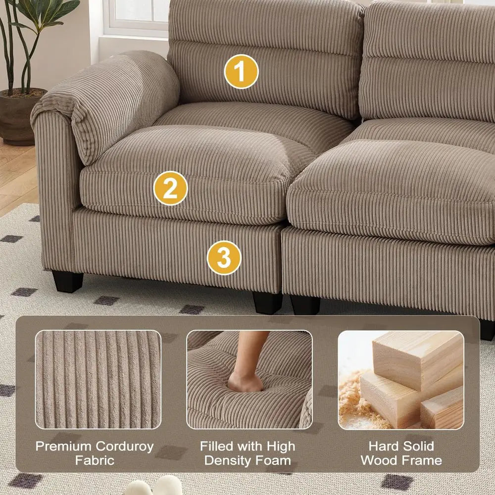 Modern Corduroy Sofa Set with Plush Cushions and Rolled Arms