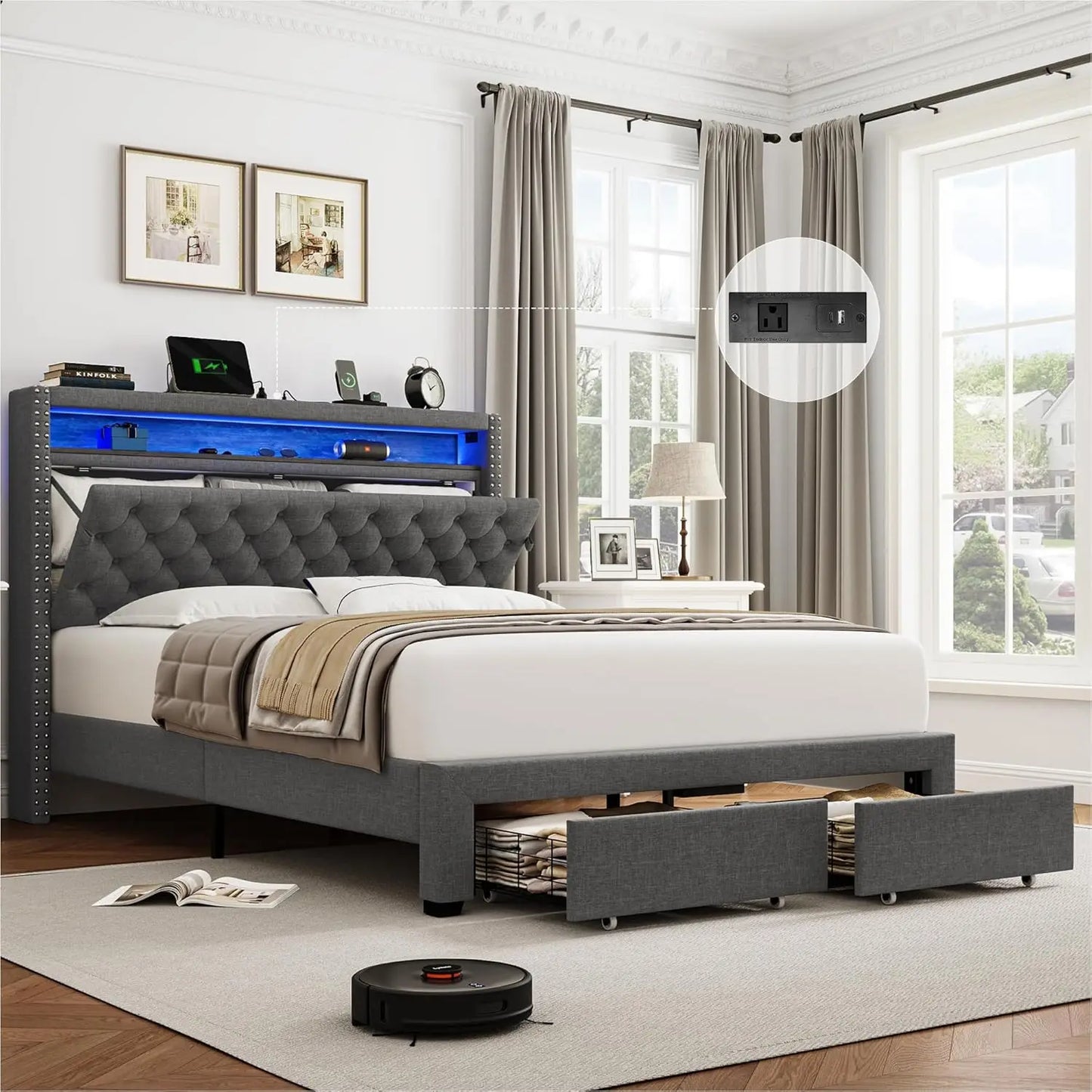 Queen LED Storage Bed Frame USB Charging Velvet Upholstered 2 Drawers Tufted Headboard No Box Spring, Customized