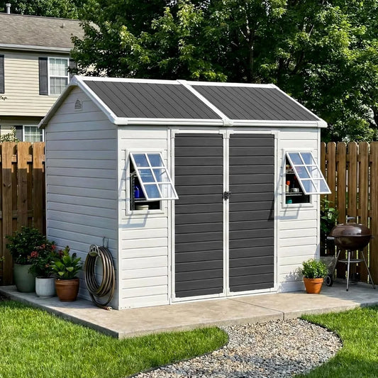 8x6 FT Resin Storage Shed with Floor & Adjustable Windows Large Outdoor Shed Waterproof Plastic Garden Sheds for, Customized