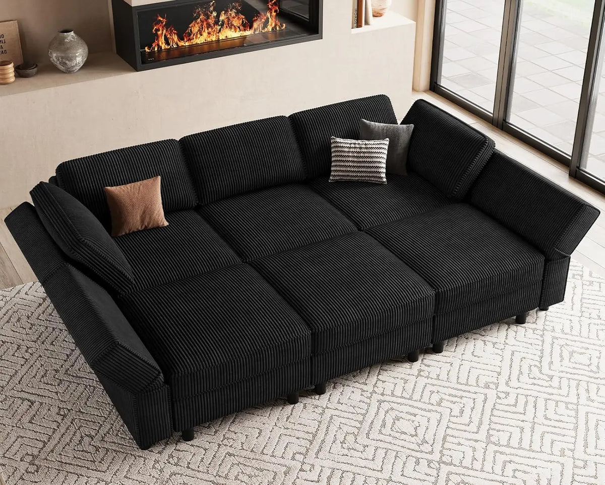 Modular Sectional Sofa with Deep Storage Seat, Corduroy Convertible 6 Seat Sleeper, Comfy Living Room Furniture, 88.6", Custom