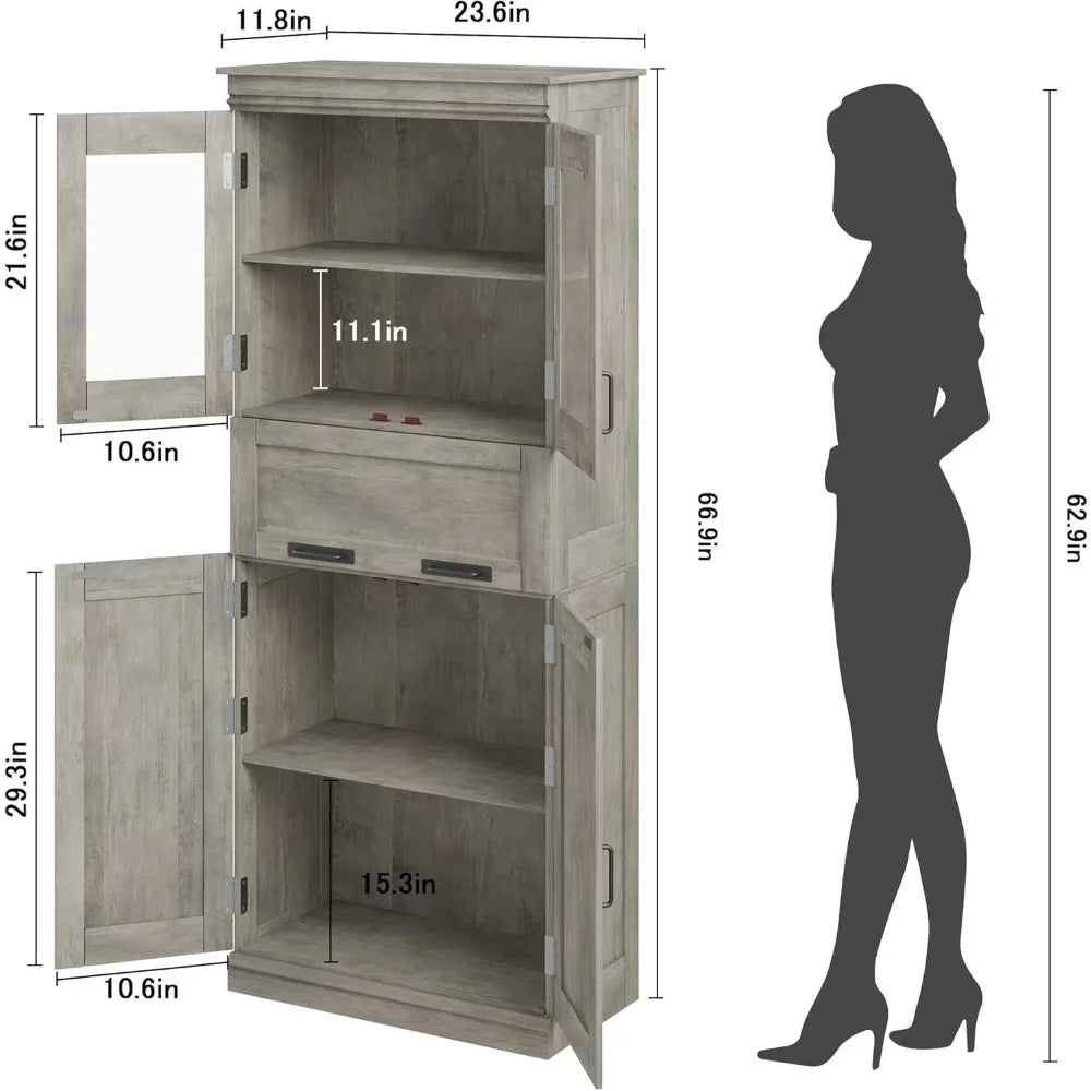 67 Tall Bathroom Cabinet with 4 Doors & Flip Glass Drawer, Storage Cabinet with Adjustable Shelves, Freestanding Organize