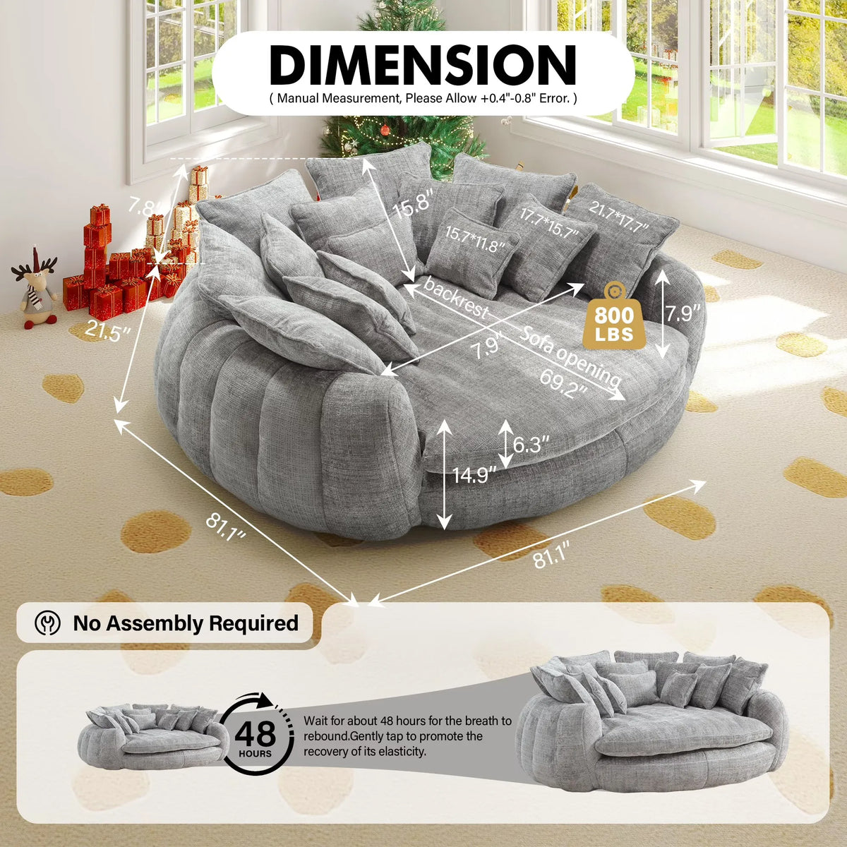 Modern Chenille Cloud Sleeper Sofa With Round Chaise And Pillows