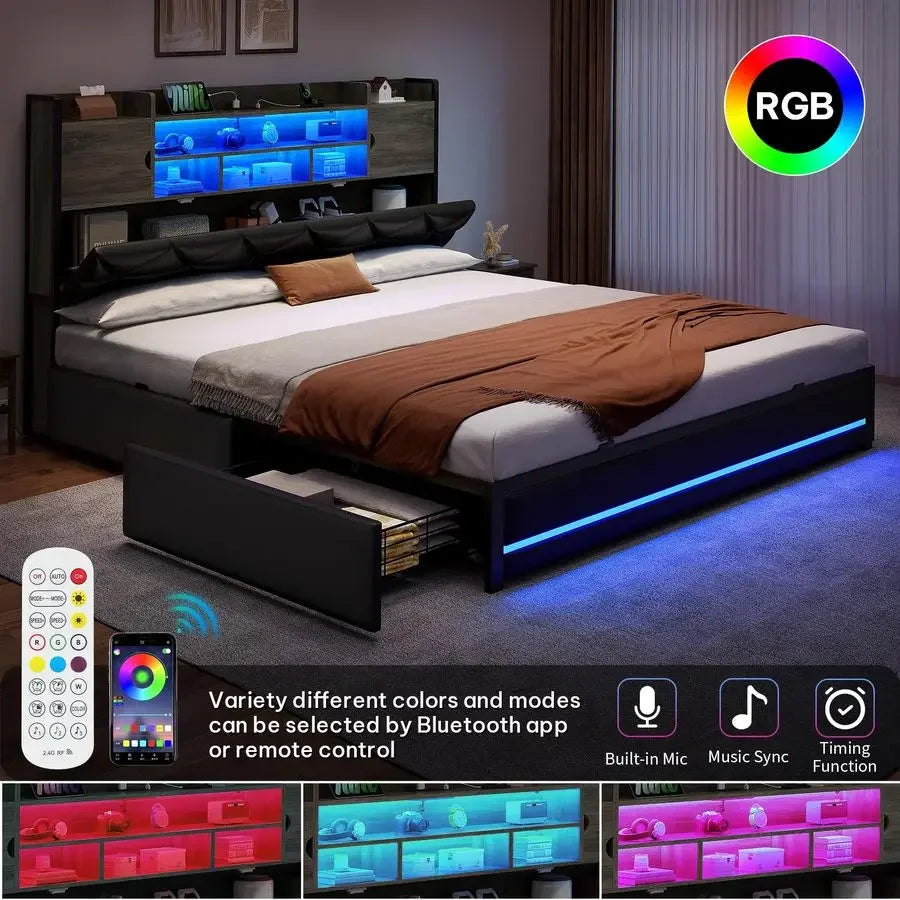 Queen Size Bed Frame with RGB LED Lights amp Storage Bookcase Headboard, Upholstered Bed with Charging Station and 4 Drawers, N